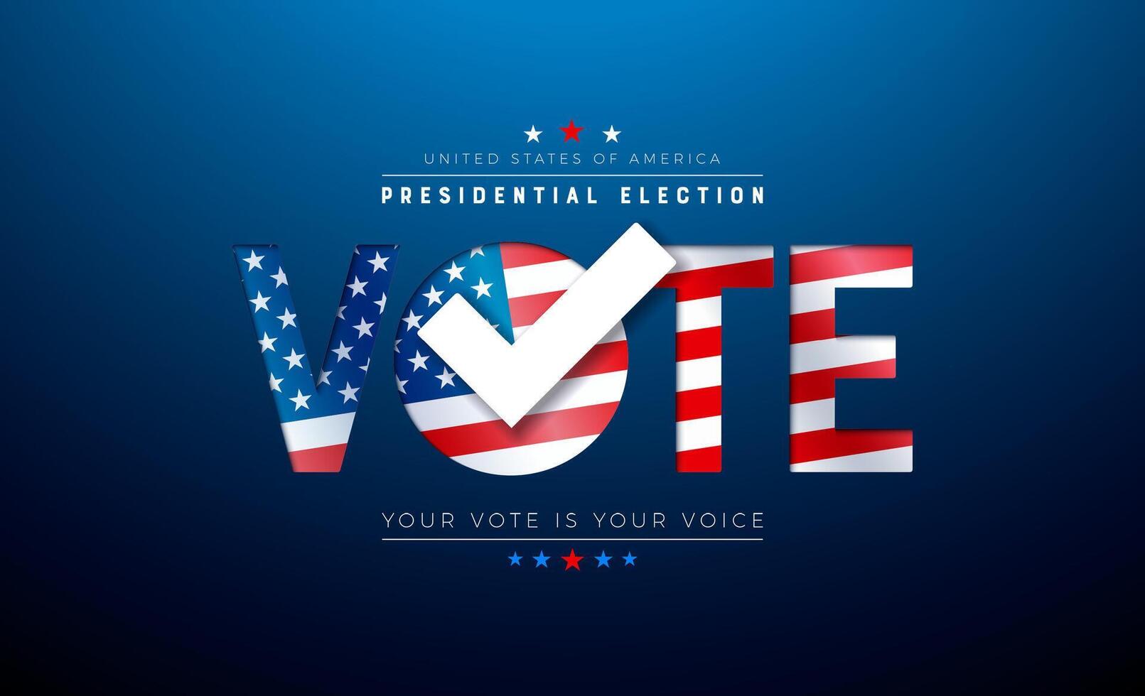 Etats-Unis 2024 présidentiel élection bannière illustration avec américain drapeau dans texte étiquette sur bleu Contexte. voter jour, novembre 5. uni États élection vote conception avec typographie pour affiche vecteur