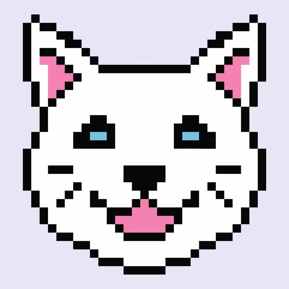 mignonne pixel blanc chat diriger. animal 8 bit icône. chaton avec bleu yeux vecteur