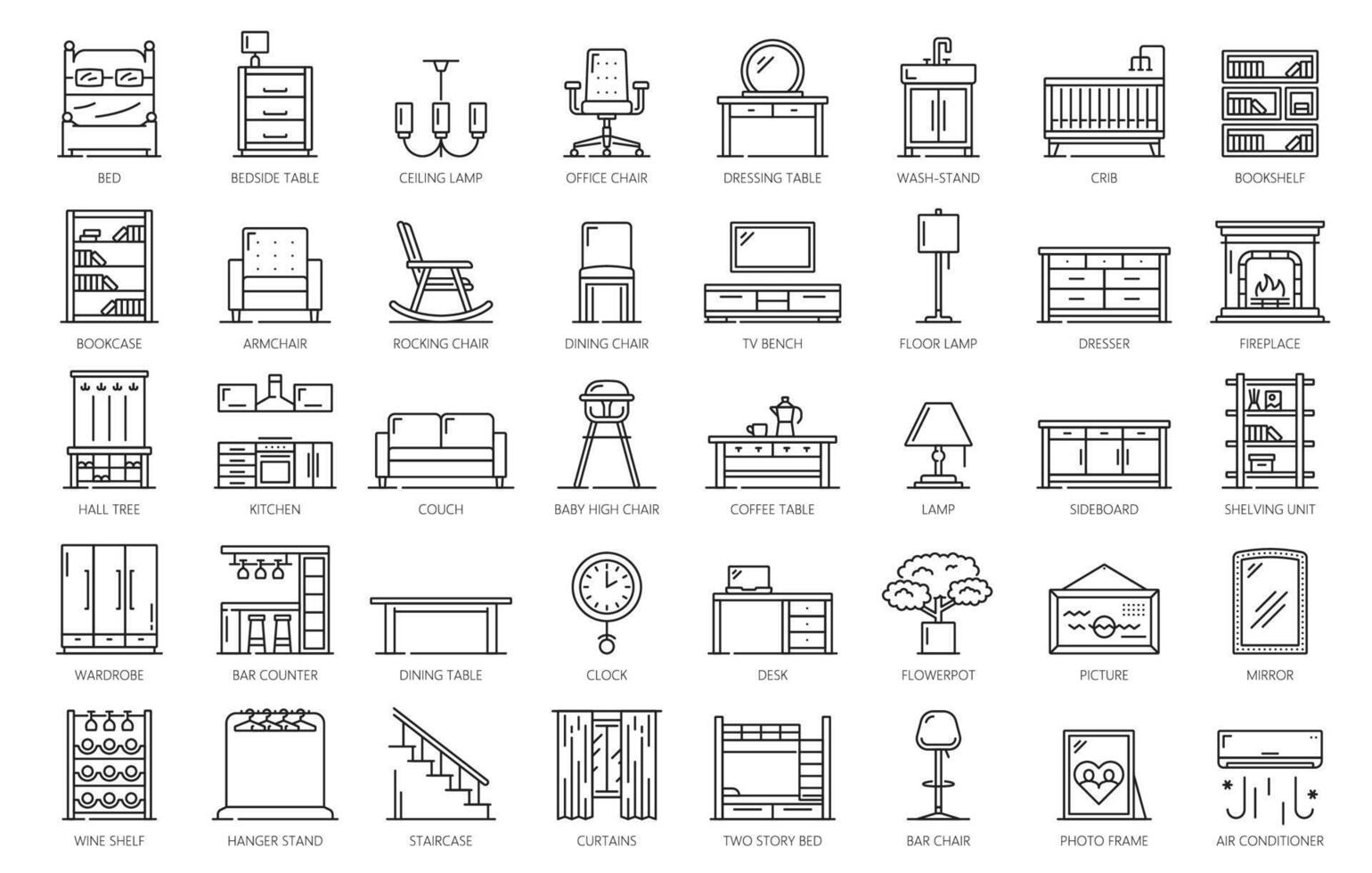 Accueil intérieur meubles mince ligne Icônes ensemble vecteur