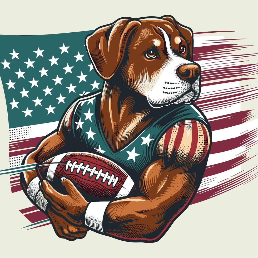 une chien personnage en portant américain Football avec drapeau Contexte vecteur