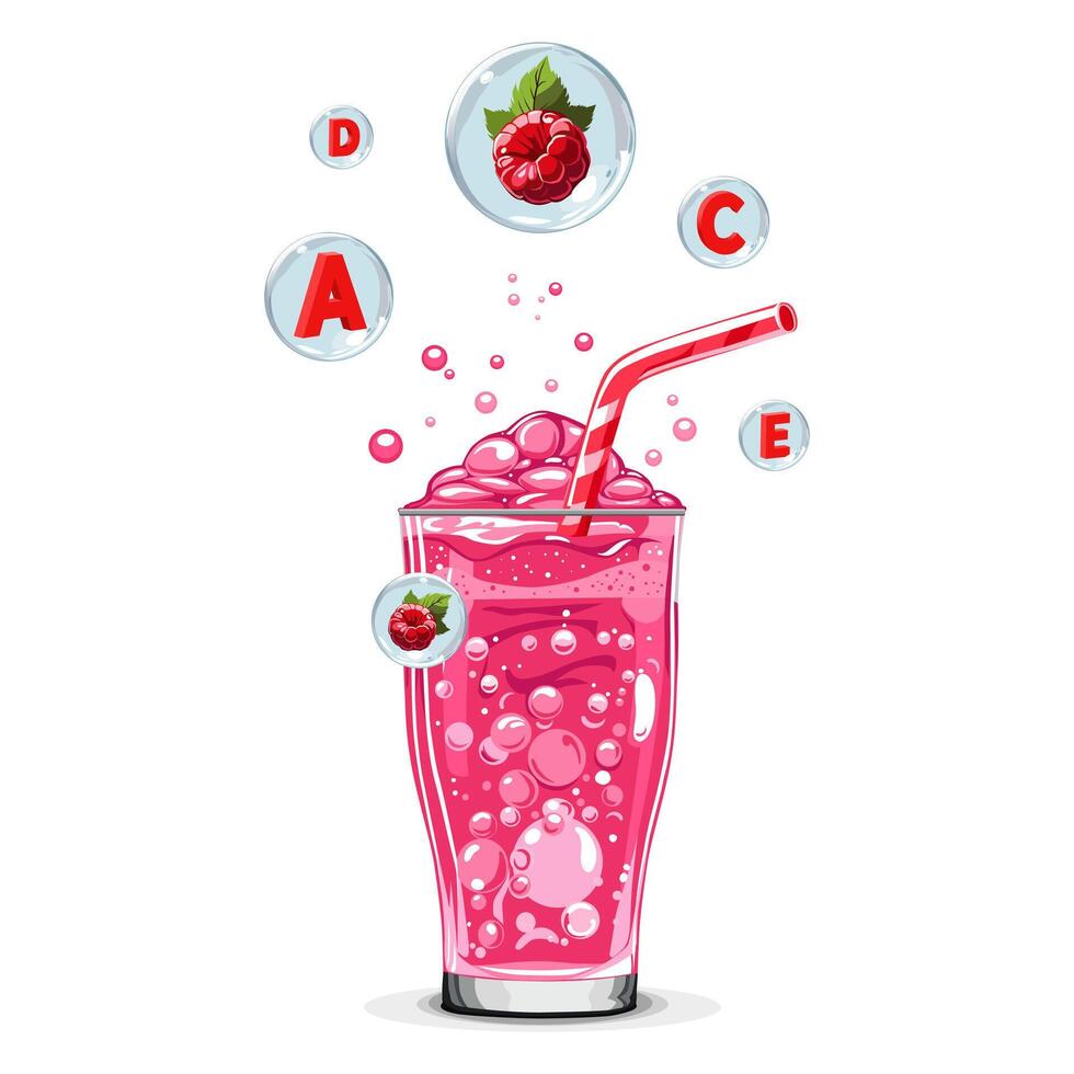 en bonne santé rose framboises oxygène cocktail avec air bulles. isolé illustration sur blanc Contexte. été boisson pour plat conception de cartes, prospectus, bannière, présentations, logo, vente, affiche vecteur