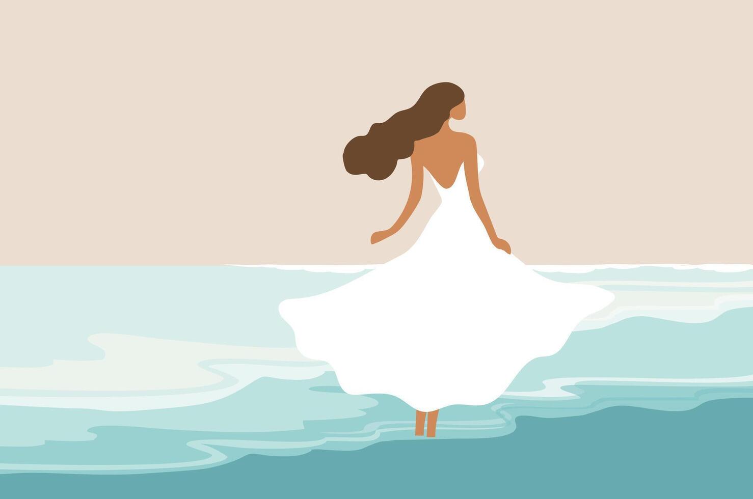 magnifique femme dans blanc robe sur le plage illustration. été vacances plage concept vecteur