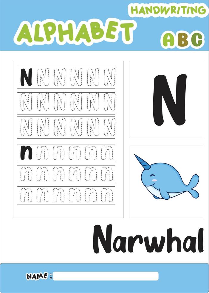 lettre de l'alphabet n avec narval. animal de bande dessinée. pour les enfants vecteur