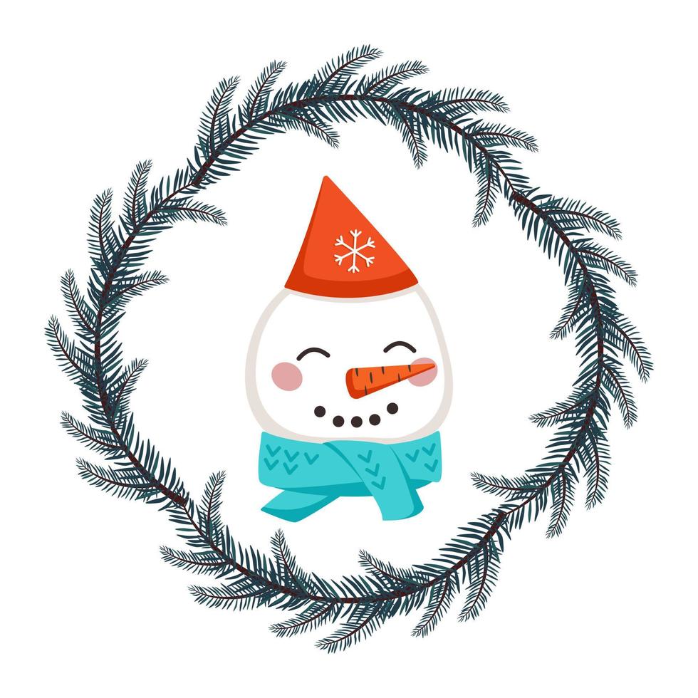 bonhomme de neige mignon en bonnet et écharpe dans un style enfantin avec cadre de guirlande de noël festive. personnage drôle avec un visage heureux. illustration vectorielle à plat pour les vacances et le nouvel an vecteur
