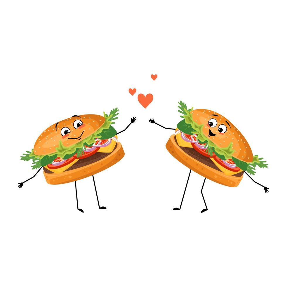 hamburger de personnage mignon avec des émotions d'amour, visage souriant, bras et jambes. personne de restauration rapide joyeuse, sandwich avec une expression aimante. illustration vectorielle à plat de produits et repas de viande vecteur