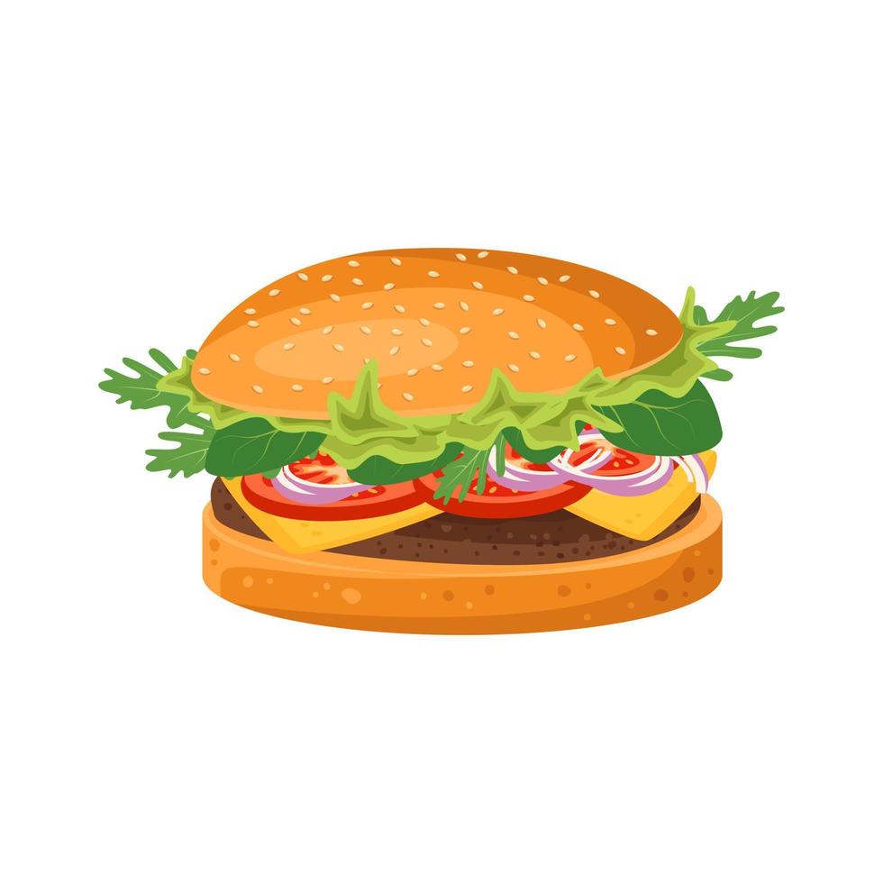 hamburger avec escalope, tomates et salade. icône de restauration rapide pour restaurant, café et design. illustration vectorielle à plat de produits et repas de viande vecteur