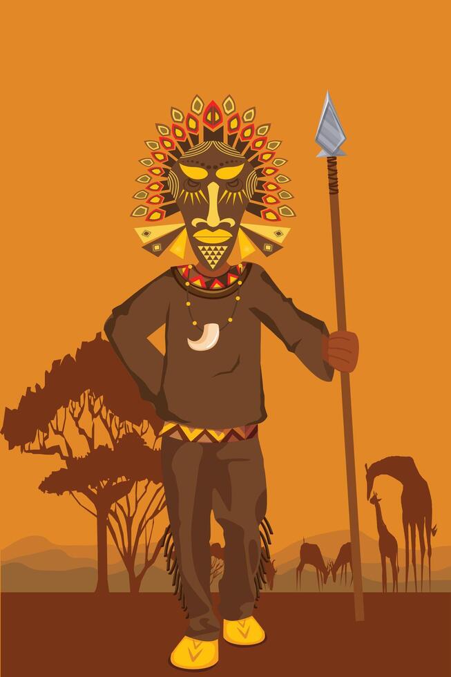 originaire de africain tribal personnage avec masque ensemble. typique africain Contexte de des arbres, girafes et éléphants. vecteur