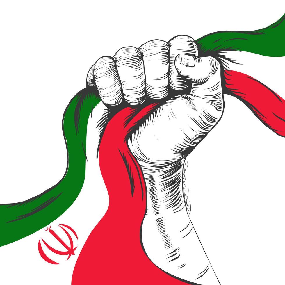serré poing et iranien drapeau ruban. 1 avril. content indépendance journée de l'Iran. main et J'ai couru drapeau illustration sur une blanc Contexte. vecteur