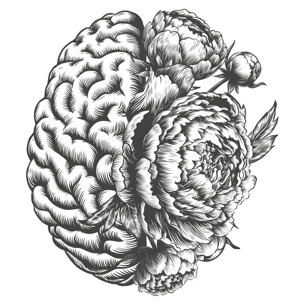 main tiré Humain cerveau avec épanouissement fleurs. noir et blanc Humain interne organe et fleur. ancien gravure art. mental santé concept. cerveau encre esquisser pour mental santé tatouage réhabilitation vecteur