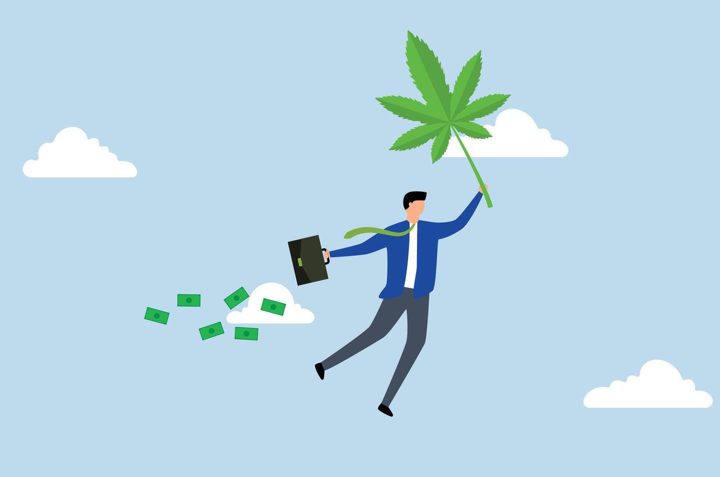 faire argent et riches avec cannabis entreprise, une riches homme mouches avec une cannabis feuille et tenir valise plein de argent. vecteur