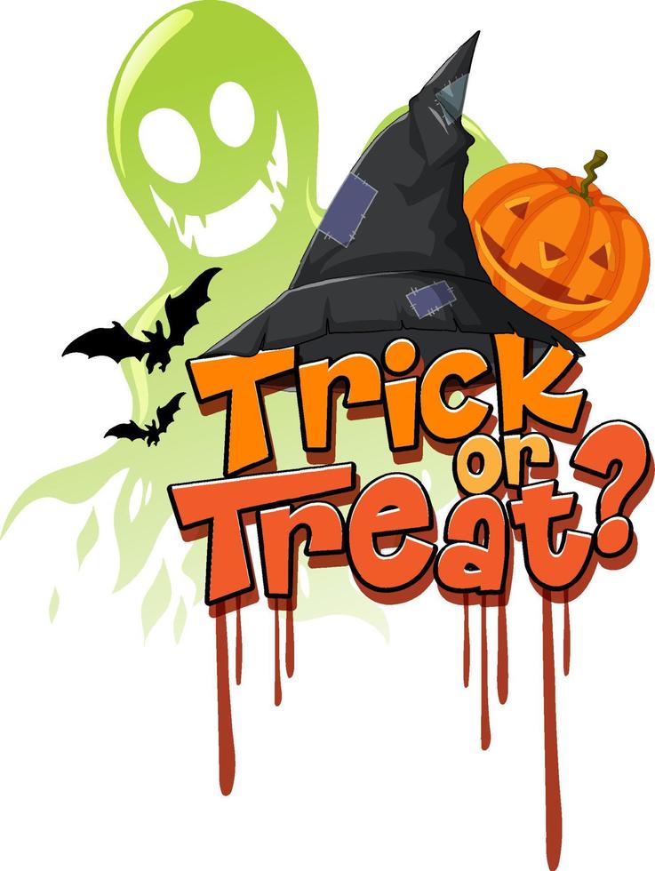 Trick or Treat word logo avec chapeau de sorcière et citrouille effrayante vecteur