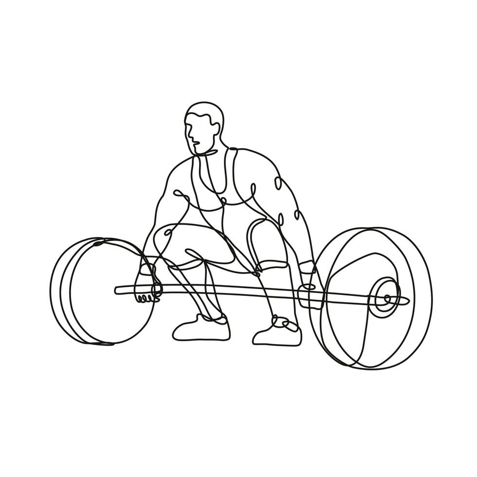 haltérophile soulevant des haltères lourds vu du dessin au trait continu avant vecteur