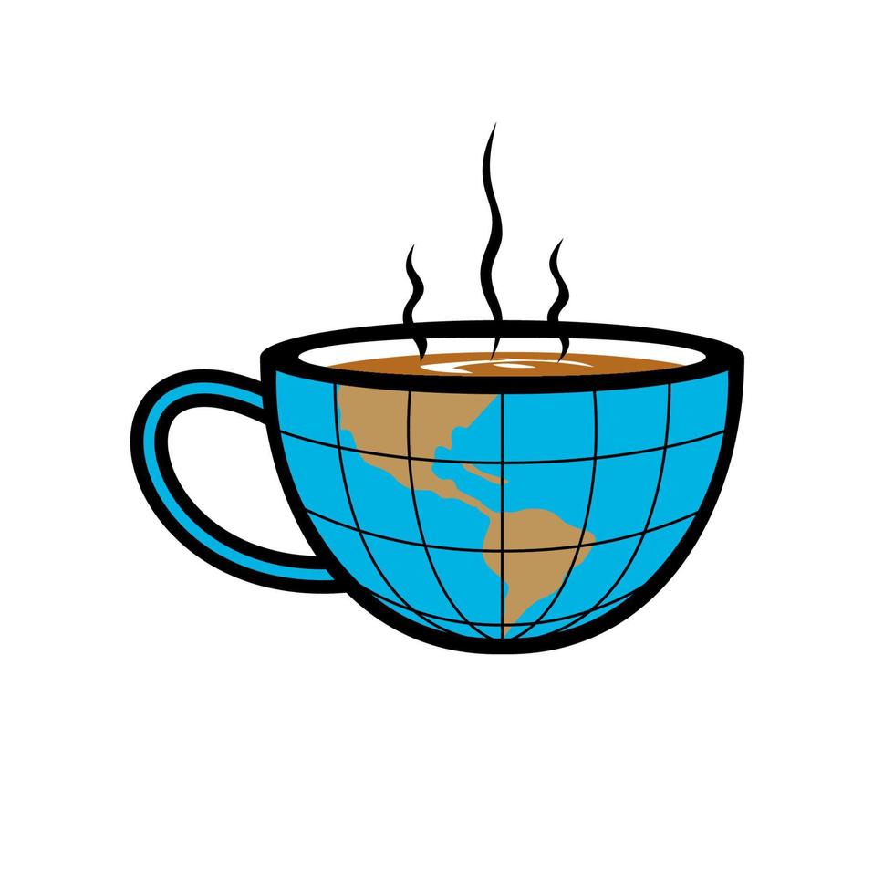 Fumer une tasse de café chaud avec la moitié du globe de style rétro de carte du monde vecteur