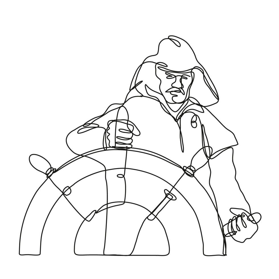 capitaine pêcheur barreur ou capitaine de navire à la barre vue de face dessin au trait continu vecteur