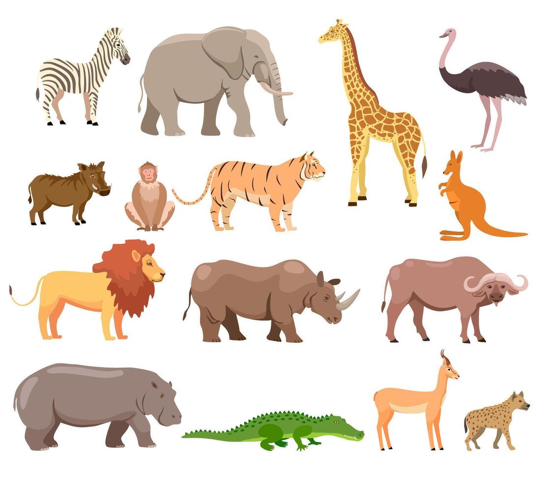 africain animaux ensemble. sauvage jungle faune. éléphant, girafe, buffle, hippopotame, rhinocéros, lion, antilope autruche hyène gorille singe crocodile phacochère zèbre vecteur