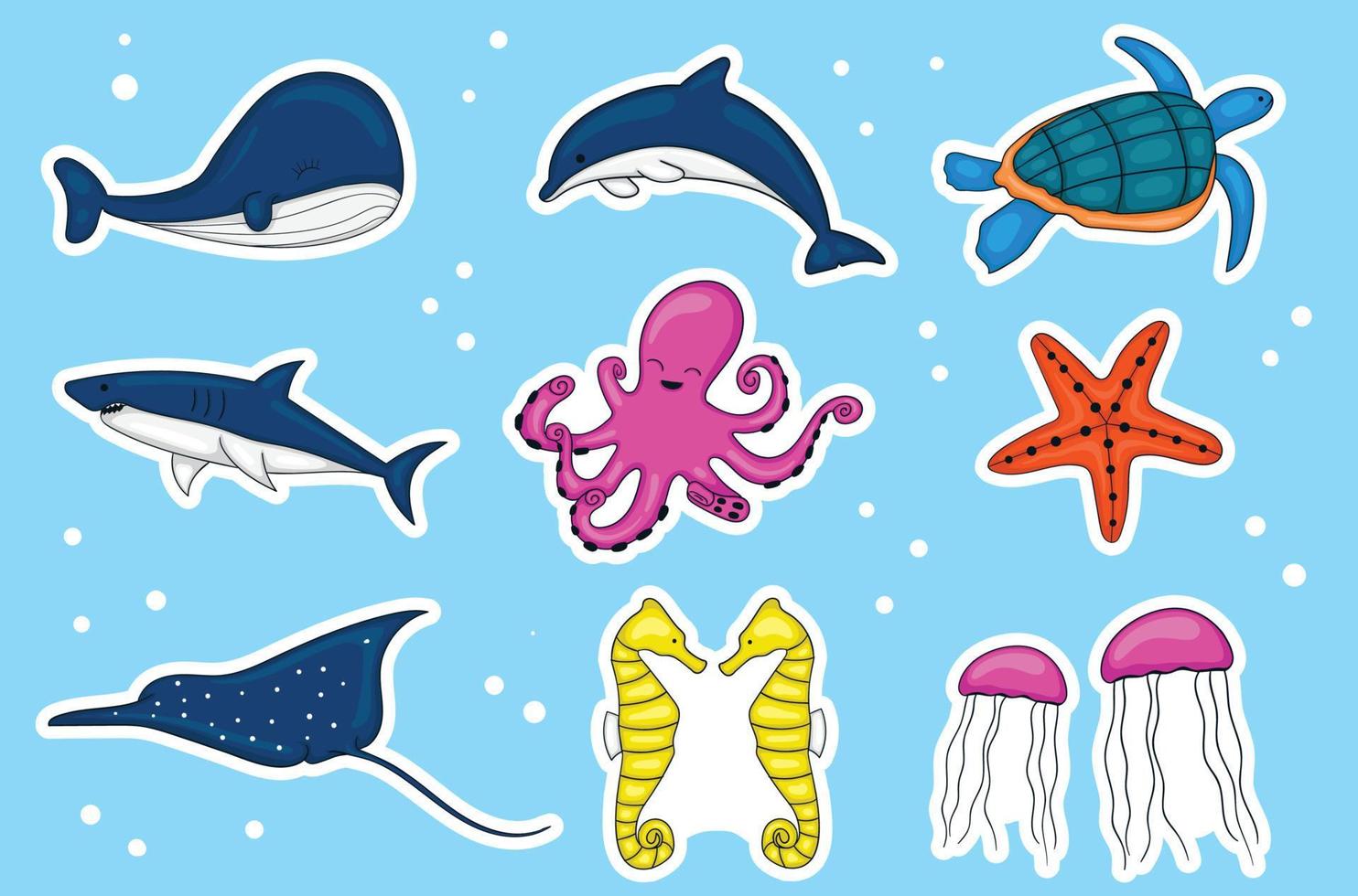 collection d'autocollants colorés d'animaux marins dessinés à la main vecteur