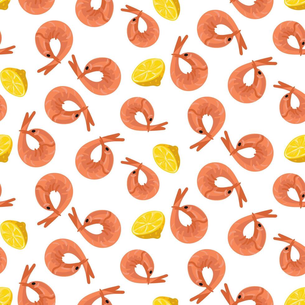 modèle de Frais rose bouilli crevette avec citron, tout sur blanche. il est adapté pour décorer le les menus de Fruit de mer Restaurants. sans couture texture avec fini barbecue des produits vecteur