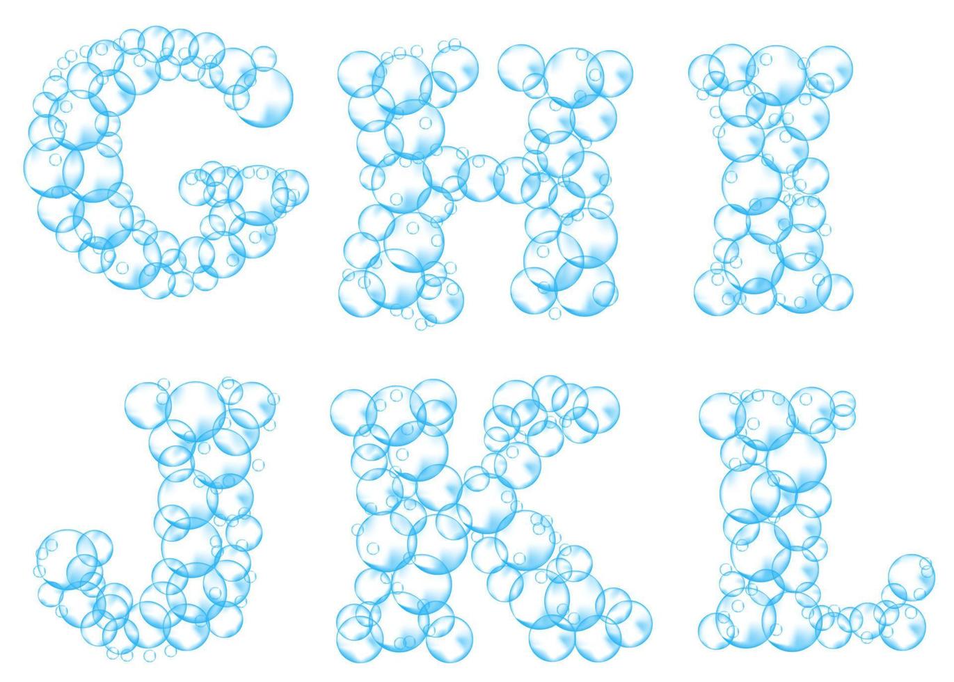 alphabet de bulles de savon. eau mousse lettres g, h, i, j, k, l. police vectorielle réaliste isolée sur fond blanc vecteur