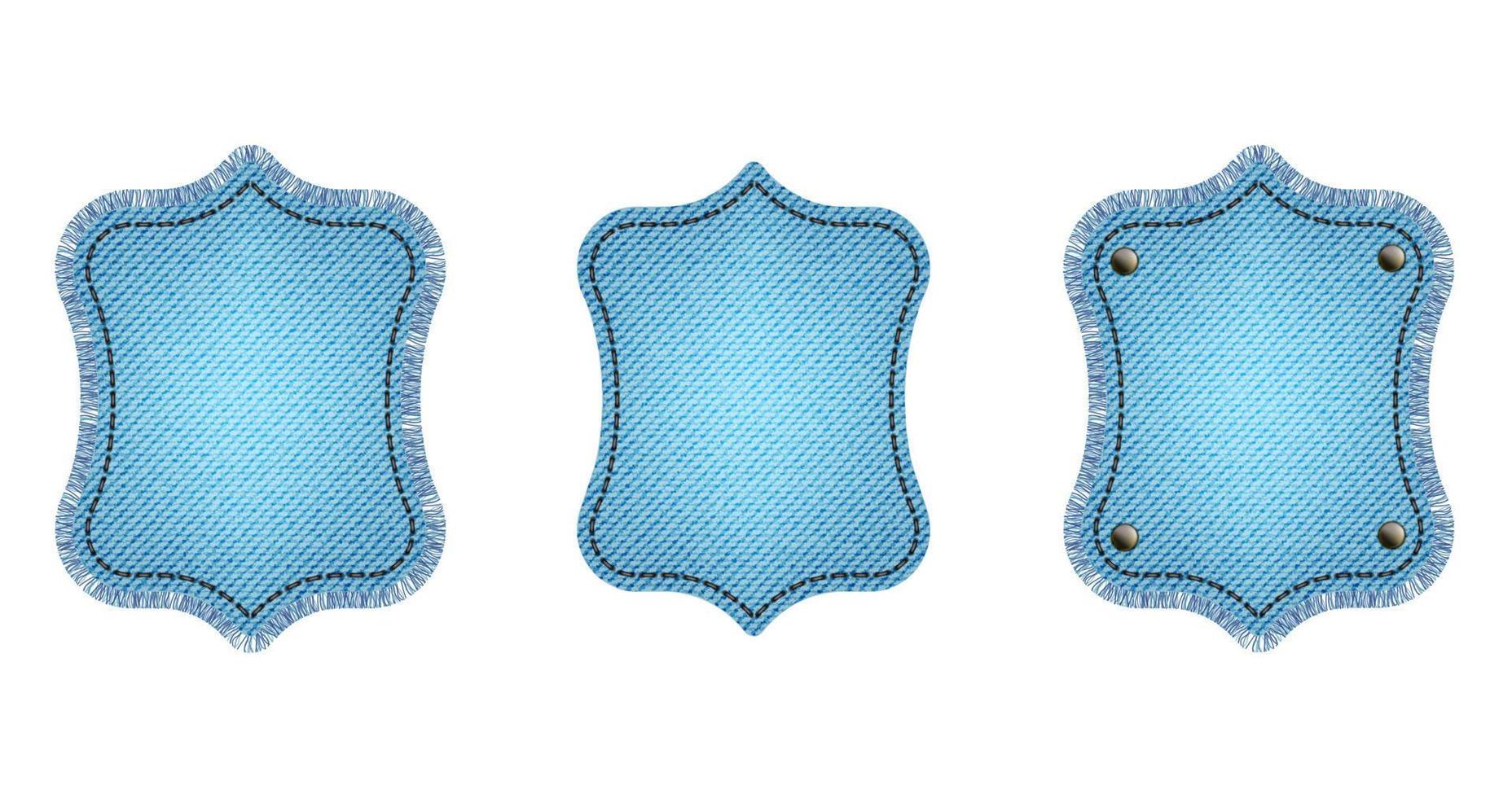ensemble de patchs en denim bleu avec surpiqûres, rivets et franges. denim bleu clair. patchs vintage vecteur