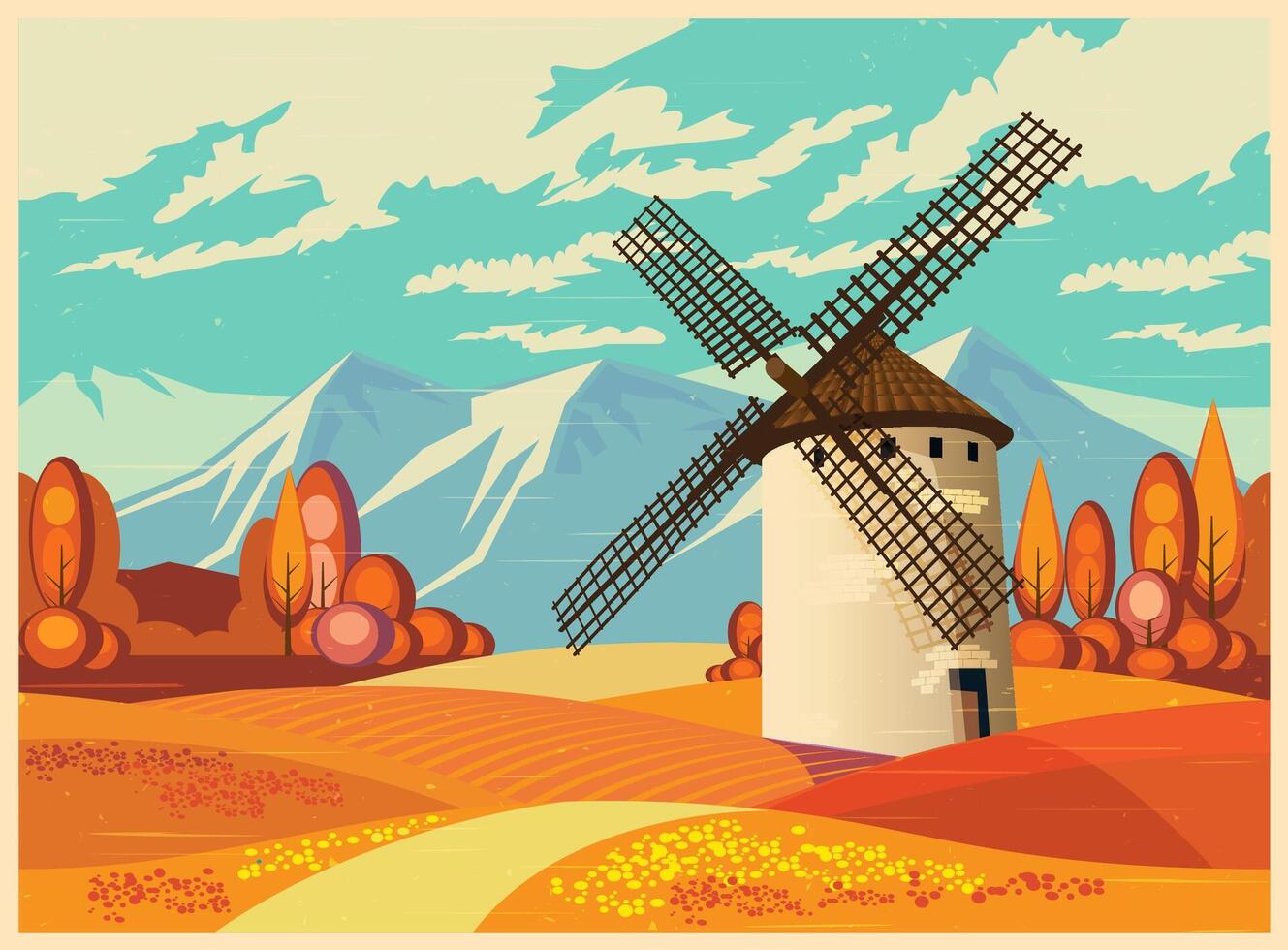 Moulin à vent dans l'automne vieux affiche vecteur