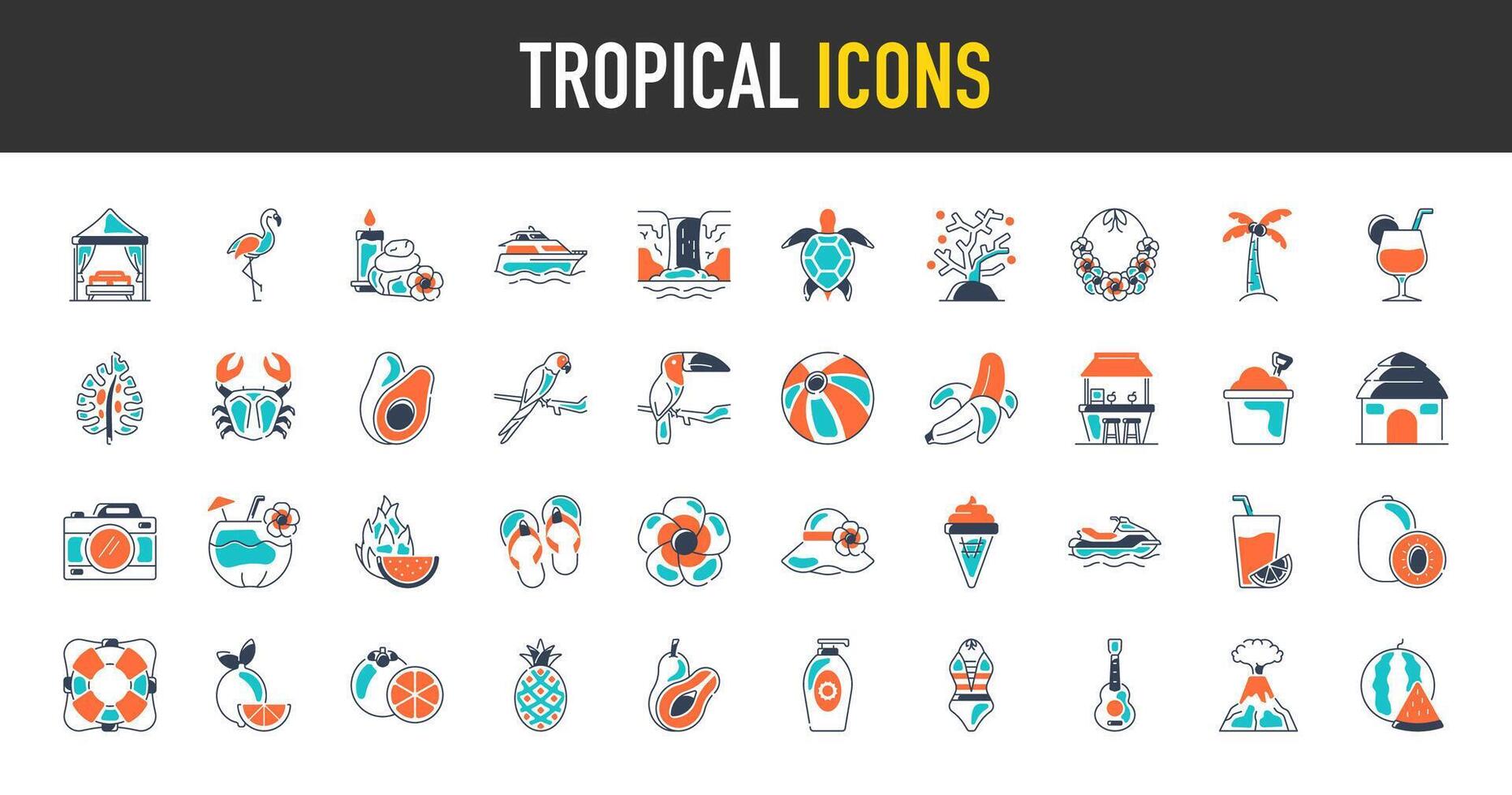 tropical vacances Icônes ensemble. tel comme saisonnier éléments, flamants roses, la glace crème, ananas, tropique feuilles, cocktails, plumeria, pastèque, plage, yacht, jus, la vie veste, caméra, bikini et plus icône. vecteur