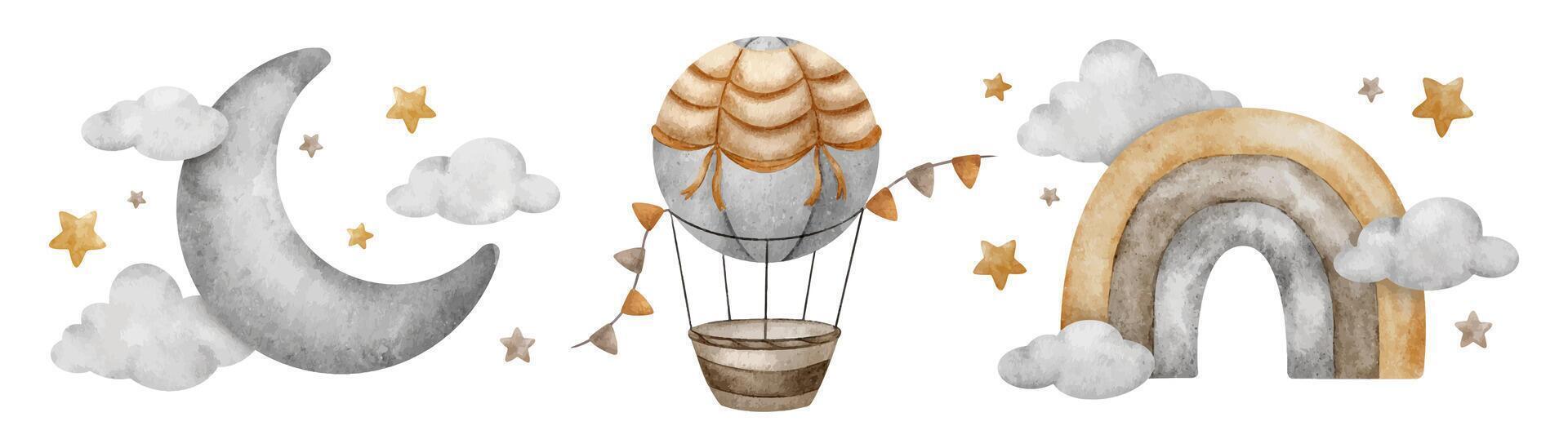 chaud air ballon, arc-en-ciel, guirlande de drapeaux, croissant lune, des nuages et étoiles. mignonne ensemble de bébé isolé main tiré illustrations. agrafe les arts pour des gamins marchandises, cartes postales, bébé douche et enfants pièce vecteur