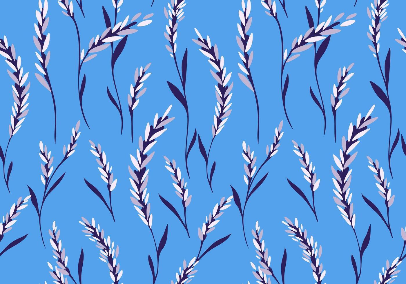 Créatif spica branches sans couture modèle sur une bleu Contexte. main tiré esquisser. abstrait artistique Facile formes minuscule floral tiges impression. modèle pour conceptions, tissu, textiles vecteur