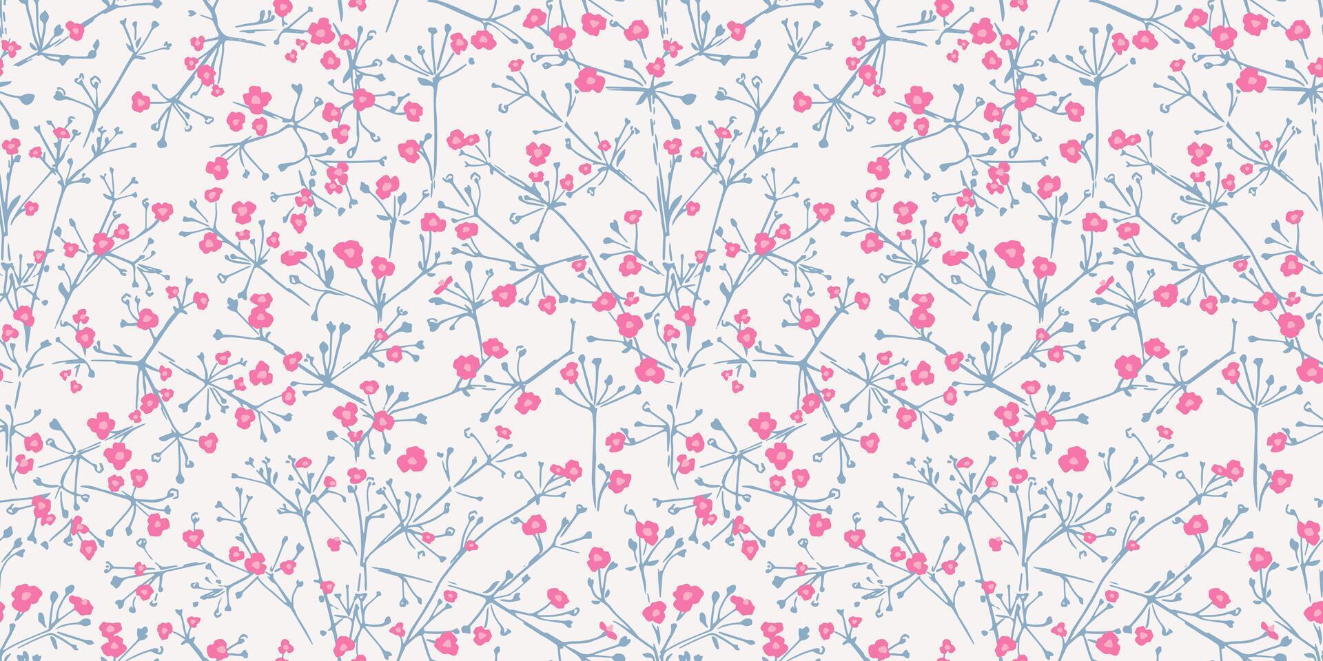 main tiré esquisser petit fleurs avec branches entrelacés dans une sans couture modèle sur une lumière Contexte. mignonne minuscule floral tiges impression. modèle pour conceptions, textile, surface conception, en tissu vecteur