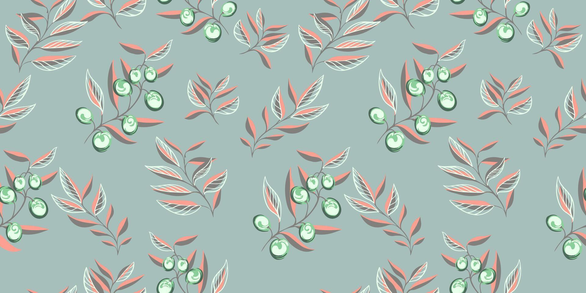 menthe sans couture modèle avec Créatif minuscule branches, formes Olives baies. main dessiné. Facile pastel vert Contexte avec abstrait feuilles tiges. modèle pour conceptions, textile, tissu, impression vecteur