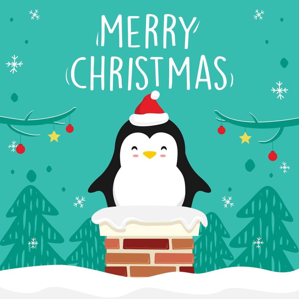 pingouin dessin animé cheminée joyeux noël noël vecteur vert