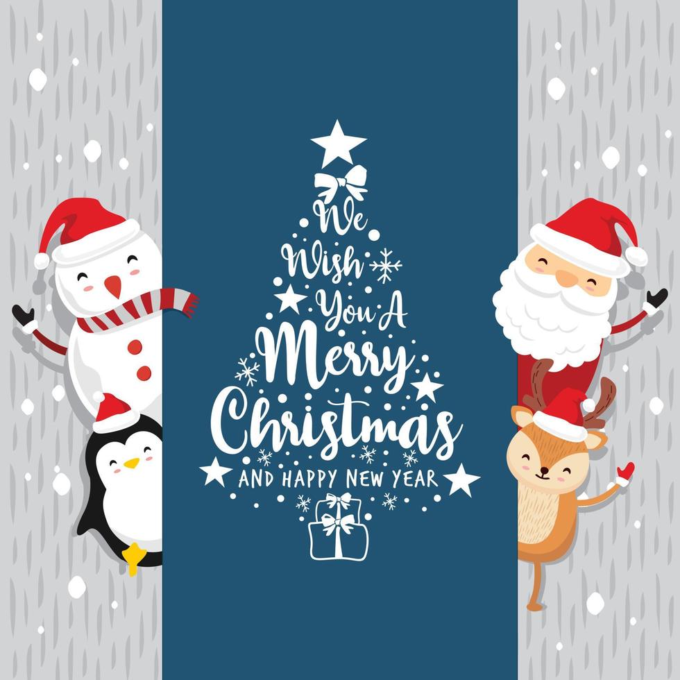 Santa claus deer penguin texte joyeux noël et bonne année - bleu vintage vecteur