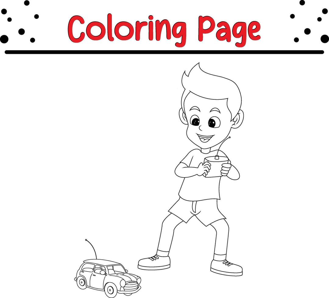 peu garçon jouer avec éloigné contrôle jouet voiture coloration livre page pour enfants. vecteur
