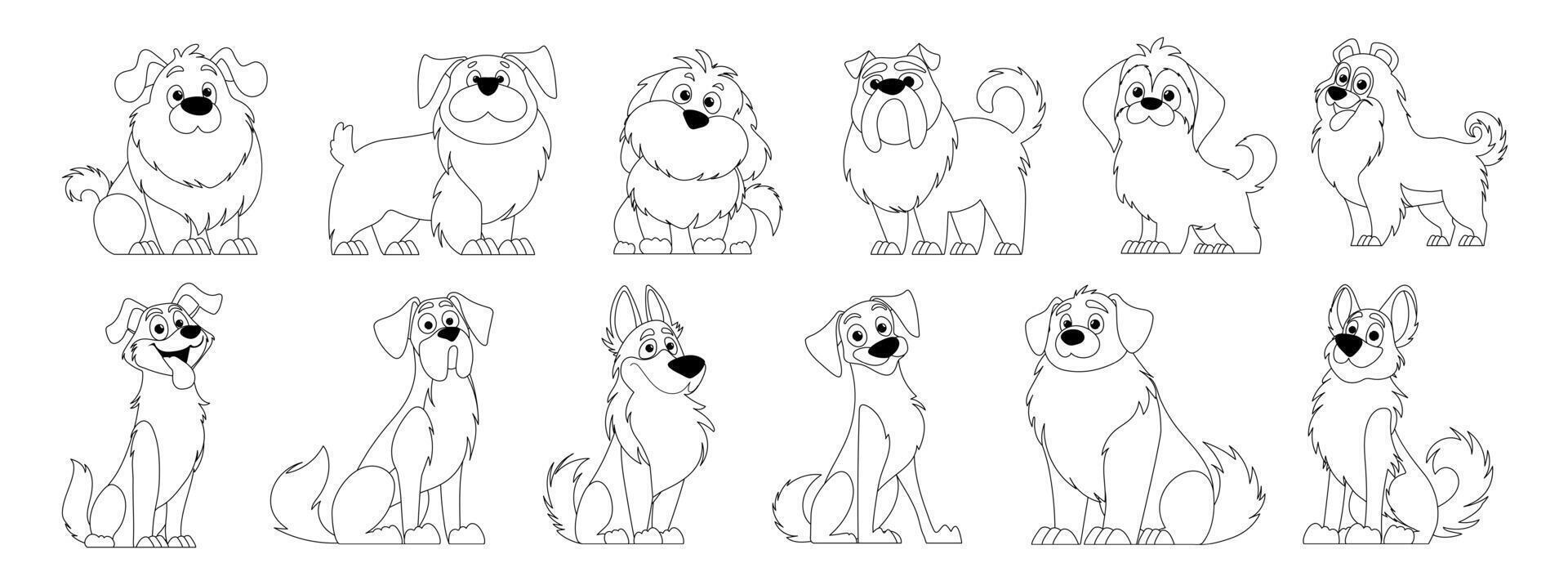 mignonne chiens ensemble dans lineart style. dessin animé personnages de chiens ou chiots création une collection avec différent races. ensemble de marrant animaux domestiques. vecteur