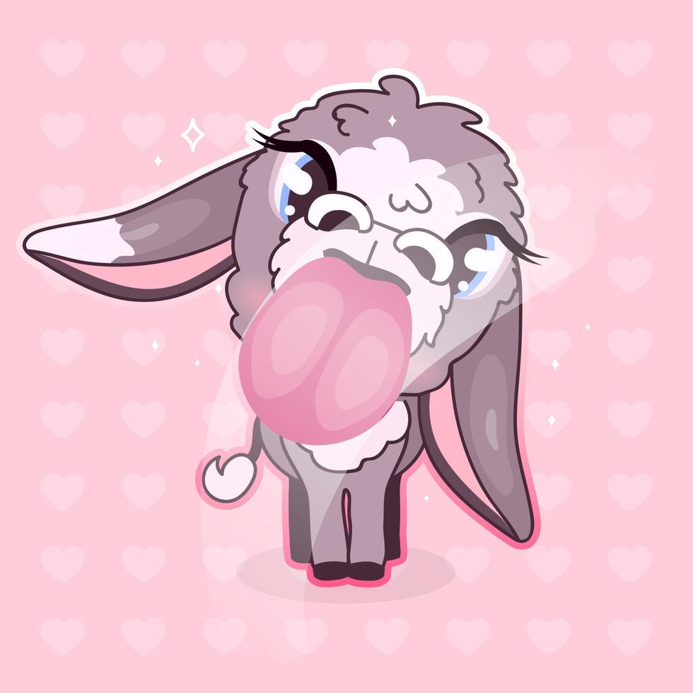 personnage de vecteur de dessin animé mignon âne kawaii. animal adorable et drôle léchant avec une grosse langue isolée autocollant cool, patch. mule bébé fille anime, emoji burro sur fond rose