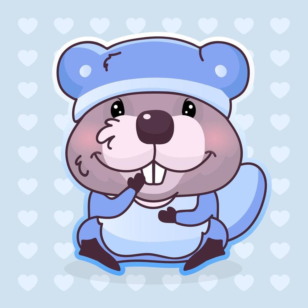 personnage de vecteur de dessin animé mignon castor kawaii. animal adorable, heureux et drôle en pyjama, autocollant isolé en chemise de nuit, patch. emoji castor anime bébé garçon sur fond bleu