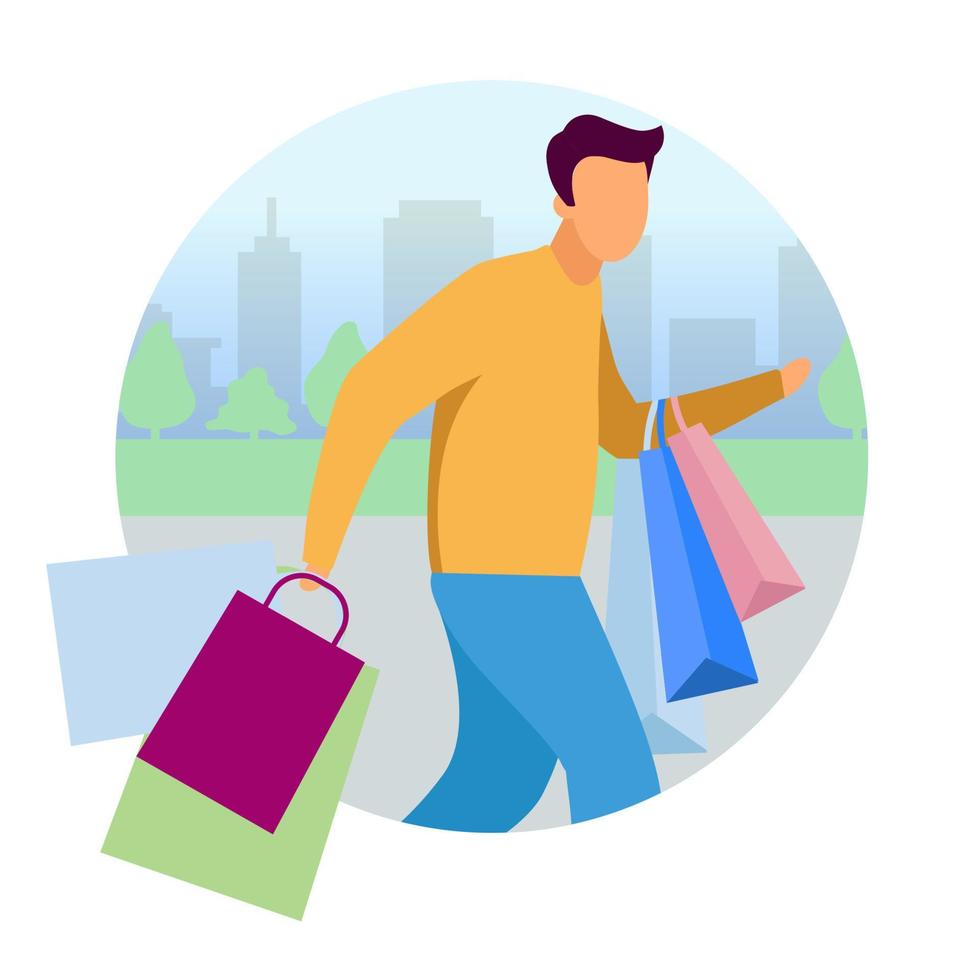 homme faisant du shopping icône vecteur concept plat. gars dépêchez-vous avec des achats sacs autocollant, clipart. accro du shopping, client, personnage de dessin animé d'acheteur. illustration isolée sur fond blanc