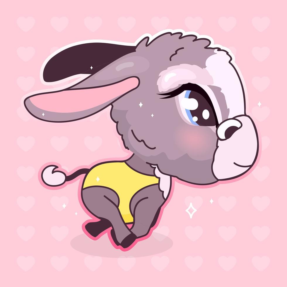 personnage de dessin animé mignon âne kawaii. animal adorable et drôle exécutant un autocollant isolé, un patch, une illustration de jeune fille. mode de vie actif et sain. mule bébé fille anime, emoji burro sur fond rose vecteur