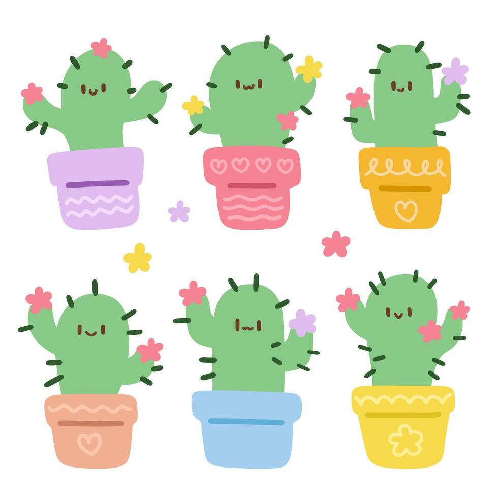 mignonne cactus plante avec content visage illustration ensemble. vecteur