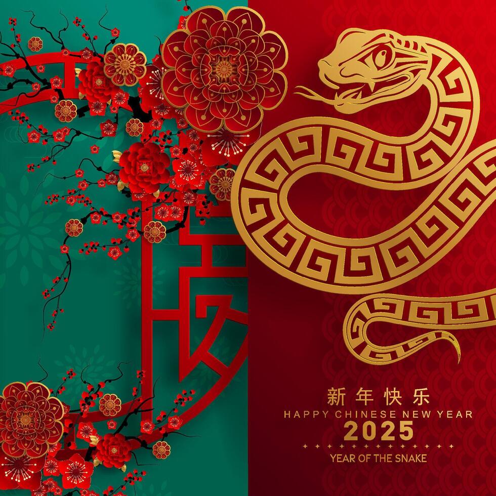 content chinois Nouveau année 2025 le serpent zodiaque signe avec fleur, lanterne, asiatique éléments rouge papier Couper style sur Couleur Contexte. vecteur