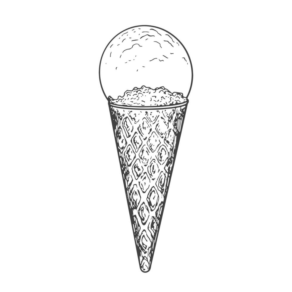 un scoop de la glace crème esquisser. la glace crème dans gaufre cône isolé sur blanc Contexte. congelé dessert. noir et blanc gelato dessin avec éclosion. vecteur
