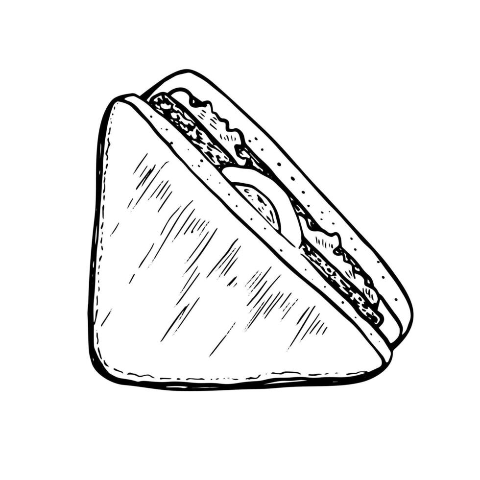 noir et blanc main tiré sandwich avec Oeuf isolé dans blanc Contexte. vite aliments. esquisser style sandwich. Triangle pain dessin avec éclosion vecteur