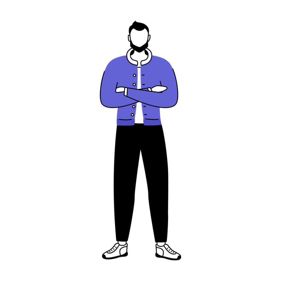 homme debout silhouette plate illustration vectorielle. hipster dans des vêtements décontractés. mec barbu confiant avec les bras croisés. caractère de contour isolé 2D sur fond blanc. dessin de style simple vecteur