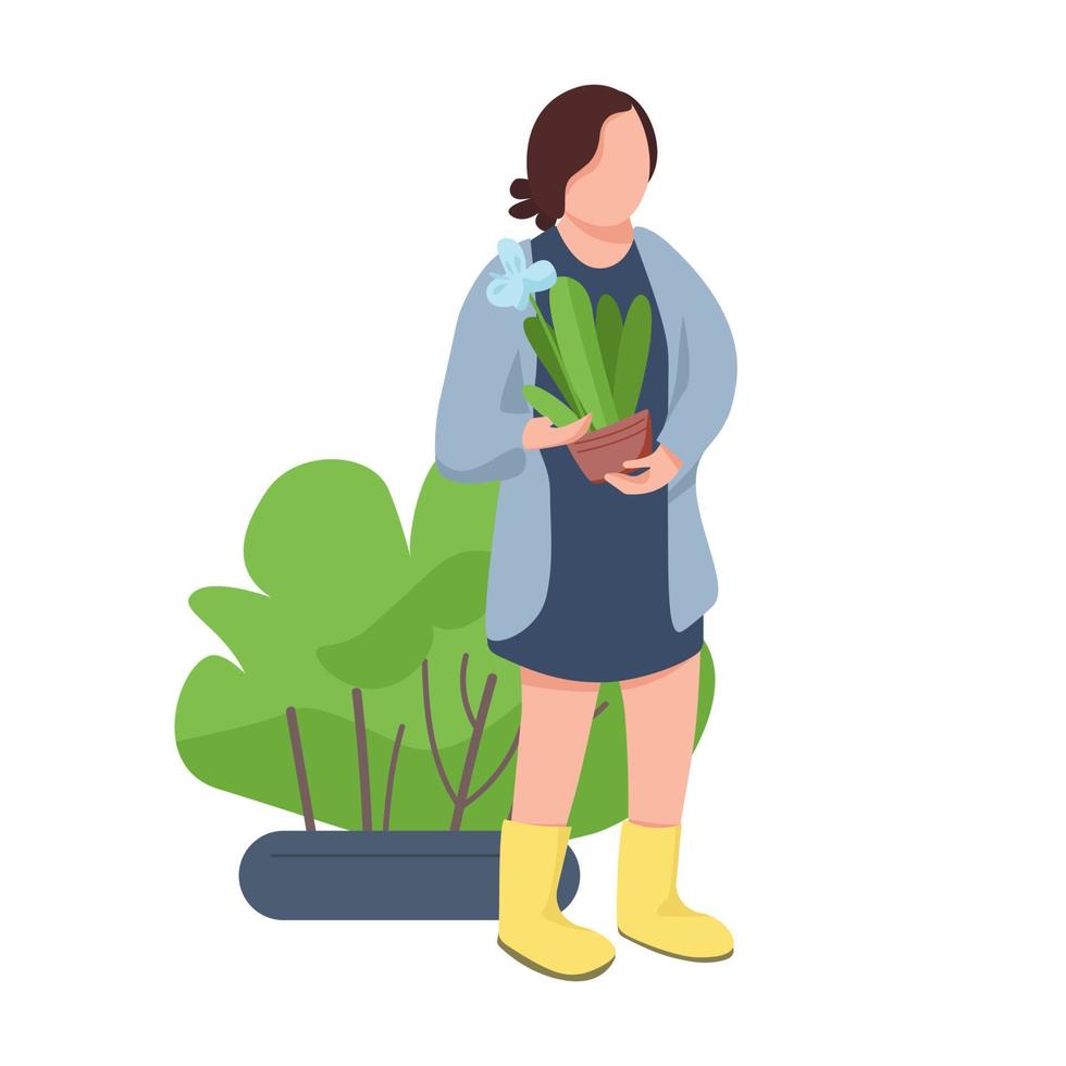 fille avec pot de fleurs, femme tenant un personnage sans visage de vecteur de couleur plate plante d'intérieur. jardinage, culture de plantes, agriculture illustration de dessin animé isolé pour la conception graphique et l'animation Web