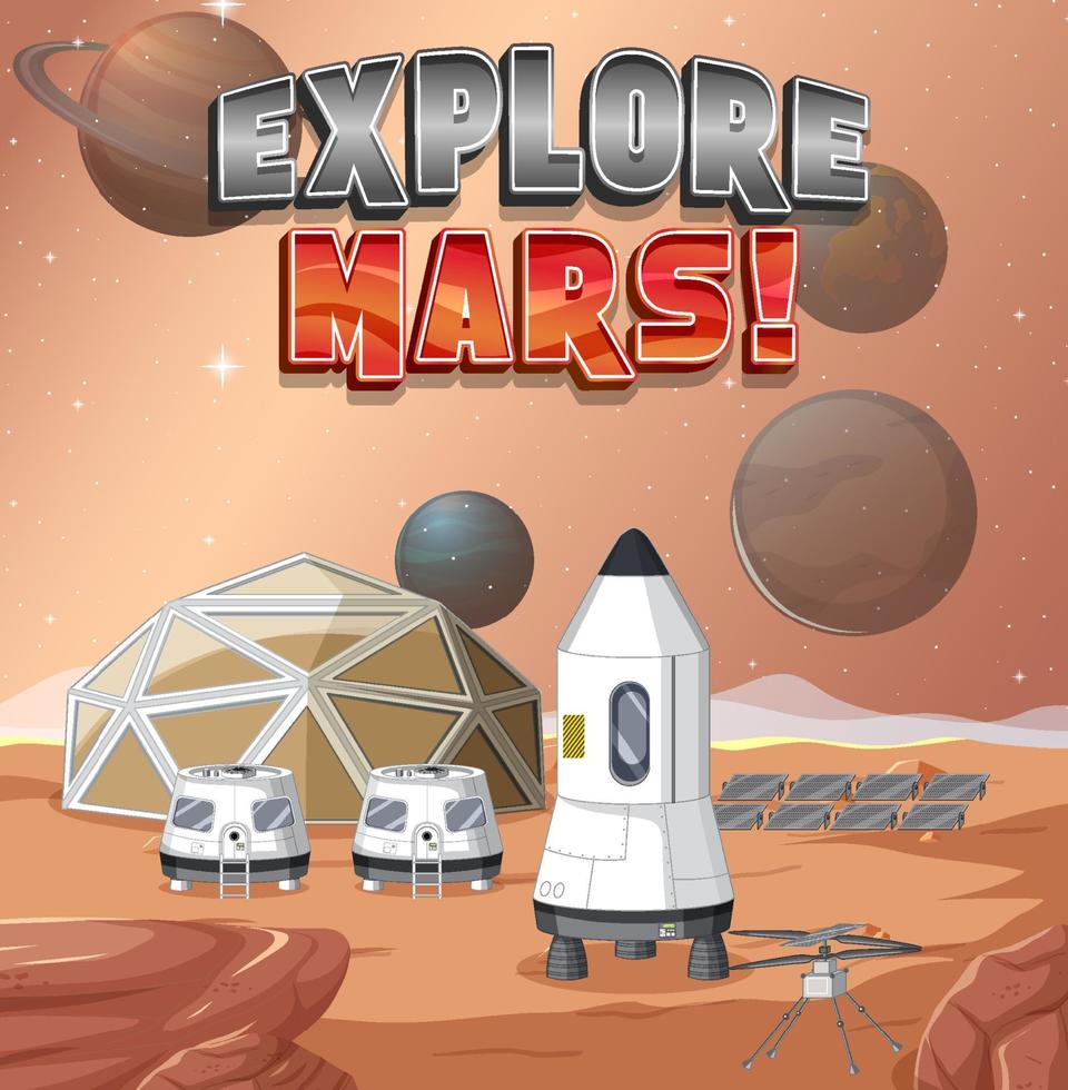 station spatiale sur la planète avec le logo explore mars vecteur