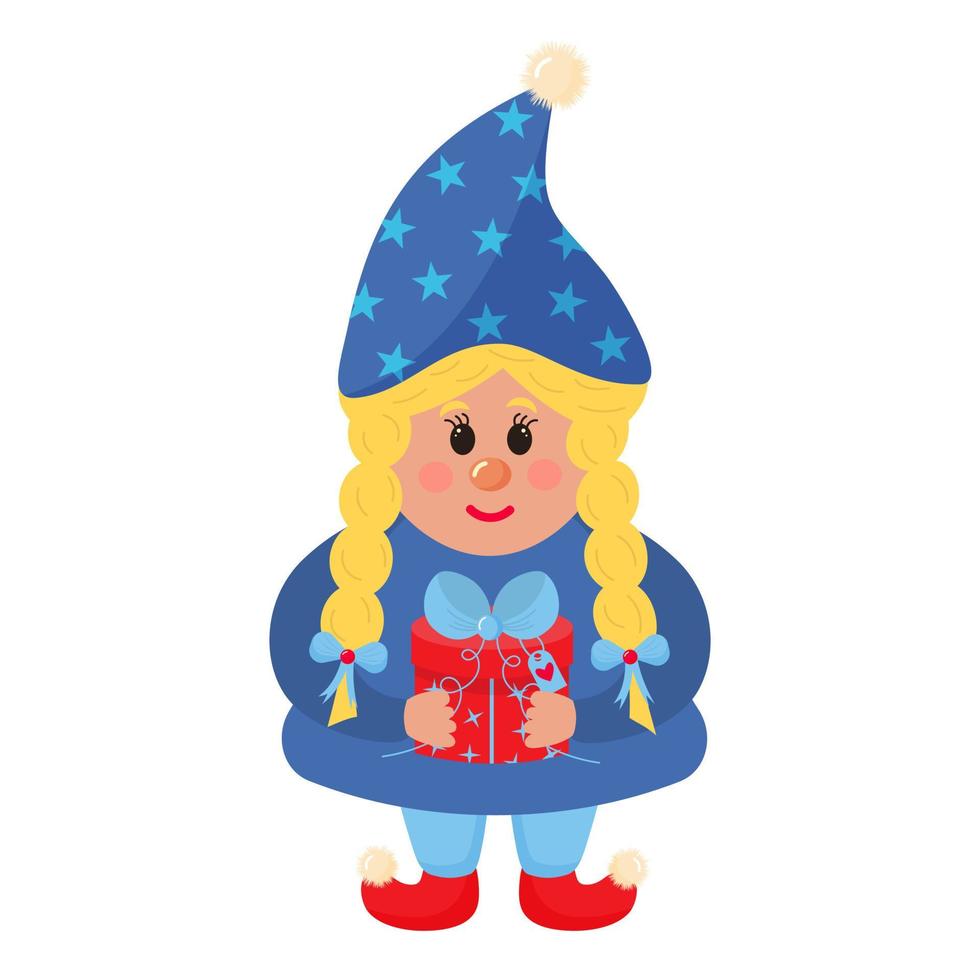 fille mignonne de gnome tient un cadeau avec un arc. caractère du nouvel an. vecteur