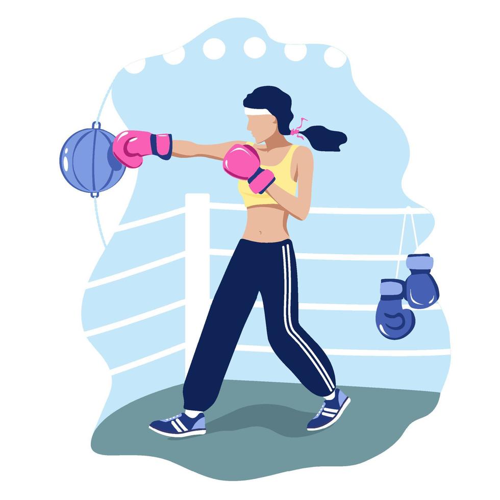 jeune femme en gants de boxe roses s'entraîne sur le ring. illustration de la boxe féminine, du sport et d'un mode de vie sain. vecteur