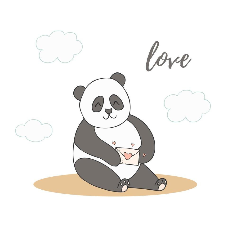 animaux mignons dessinés à la main avec lettrage. panda avec enveloppe avec coeur. amour. fond blanc. vecteur. vecteur