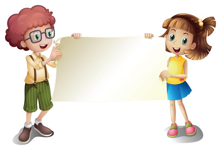 Une jeune fille et un jeune garçon tenant un panneau vide vecteur