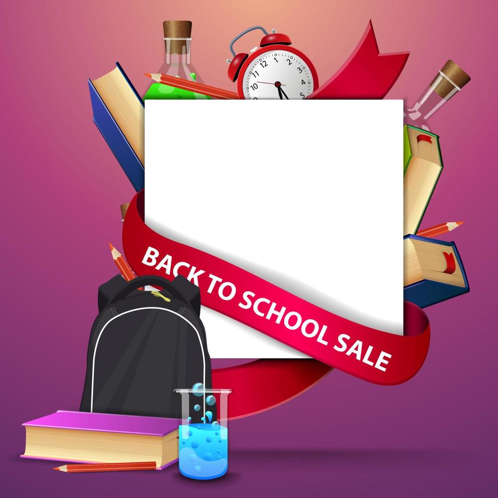 vente de retour à l'école, modèle de bannière web avec sac à dos scolaire, un livre et un flacon chimique vecteur