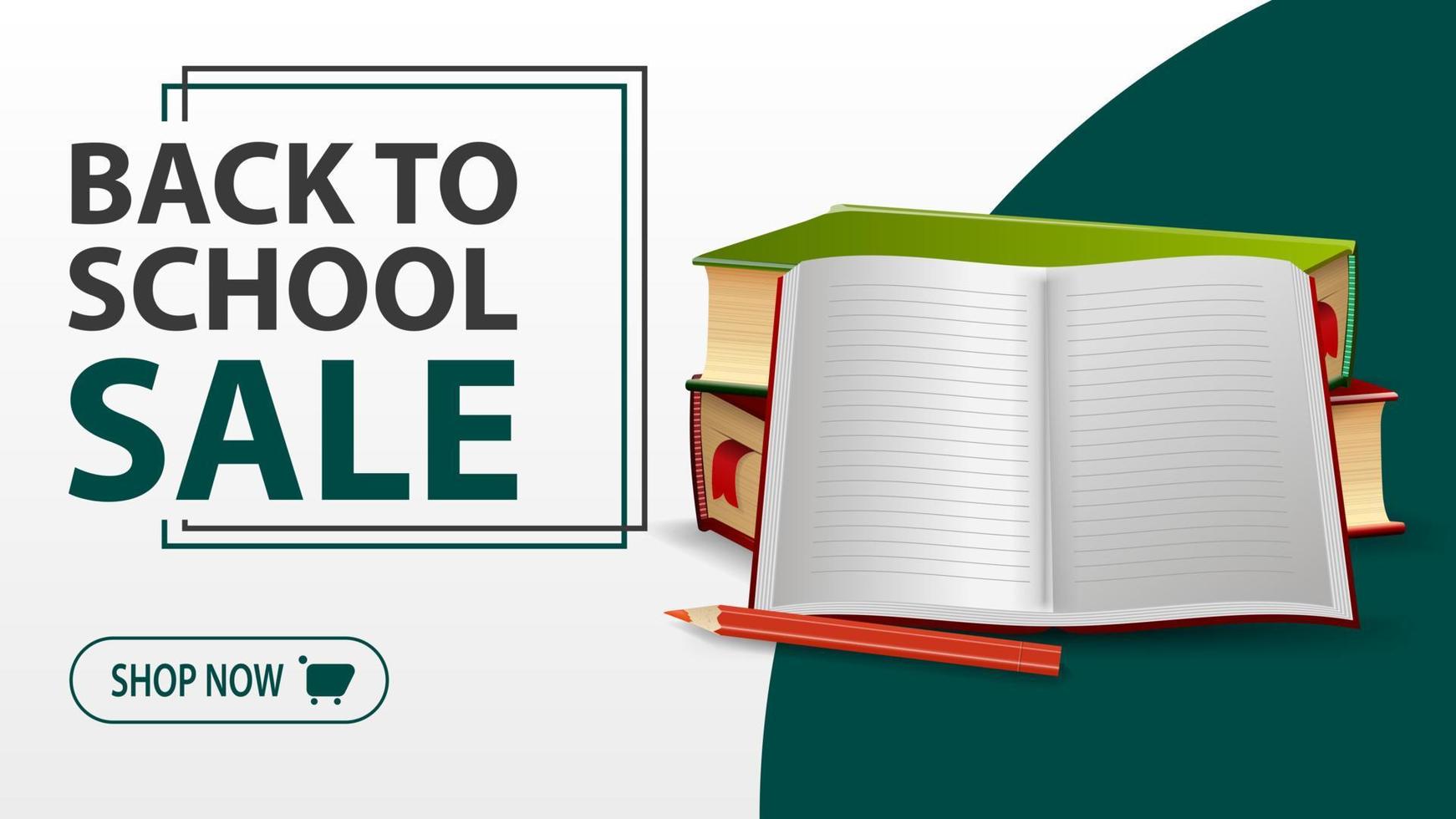 vente de retour à l'école, bannière blanche avec manuels scolaires et cahier vecteur